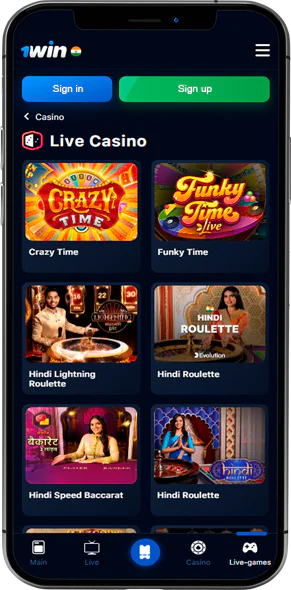 1Win app live games screen