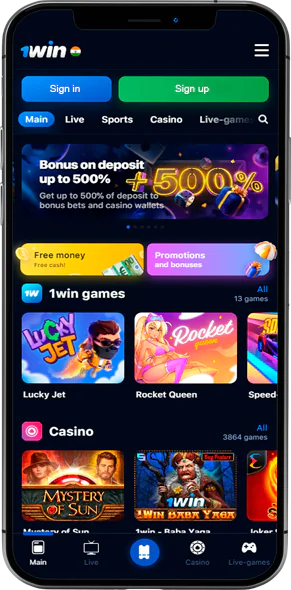 1Win app main page screen